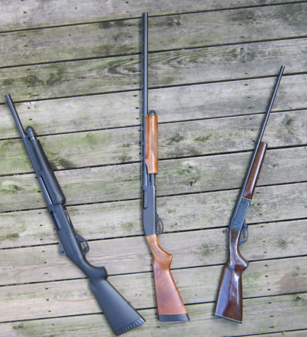 Above: The shotguns available to the author for the 2013 hunting season. From left to right are a 12-gauge Benelli Nova, a 20 gauge Remington 870, and a Braztech .410.